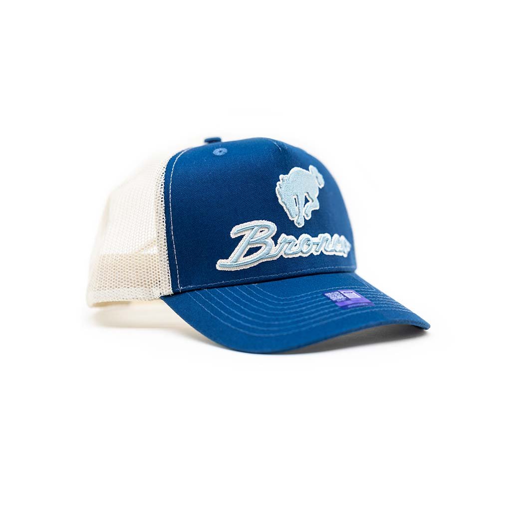 Blue and white cap with 'Bronco' branding on a white background