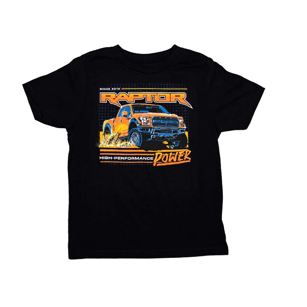 Black t-shirt with Ford Raptor graphic on a white background