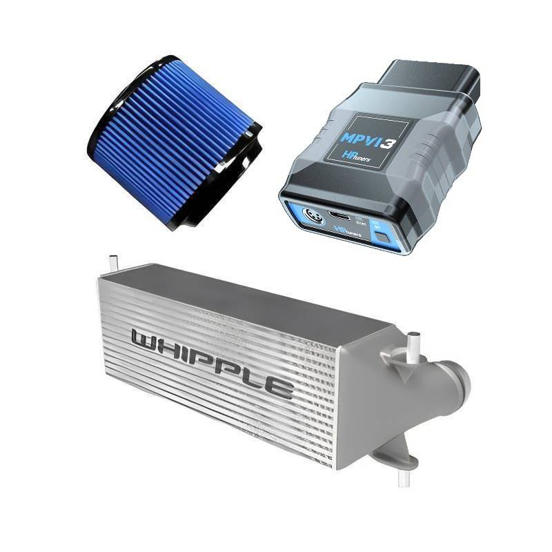 Three automotive parts including a blue air filter, a black electronic module, and a silver Whipple intercooler on a white background.
