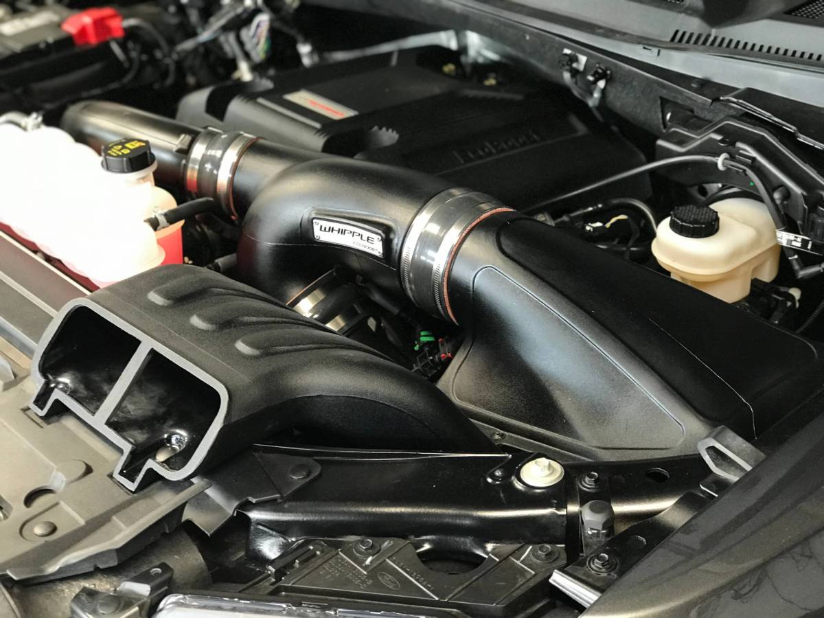 Whipple 3.5L EcoBoost Stage 1 Kit (21+ F-150) featuring supercharged intake, Whipple airbox, coolant tank, and brake-fluid reservoir under a performance truck's hood.