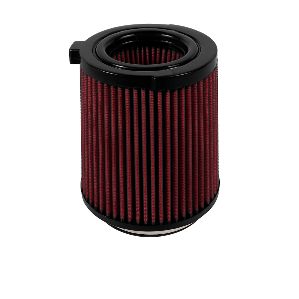 Red air filter with black top and bottom on a white background