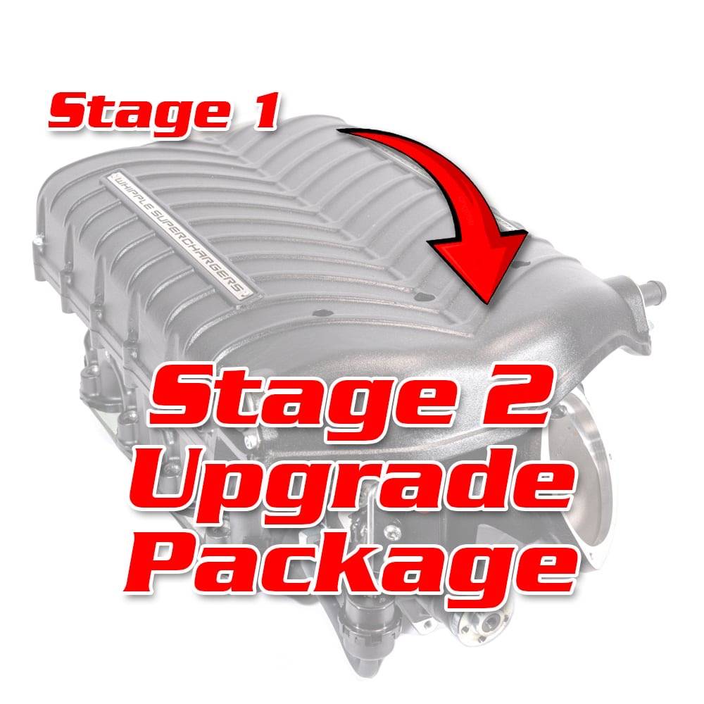 Promotional graphic for Whipple Supercharger Stage 2 Upgrade Kit, featuring a supercharger unit and text highlighting the upgrade from Stage 1 to Stage 2 for F-150.