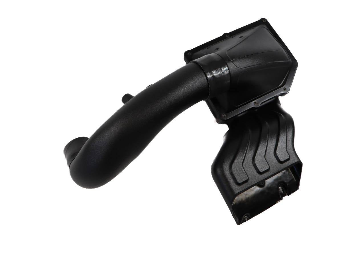 Whipple Superchargers Crusher Induction System for 21+ F-150, featuring a molded black plastic ducting and airbox, designed to optimize engine airflow and performance.