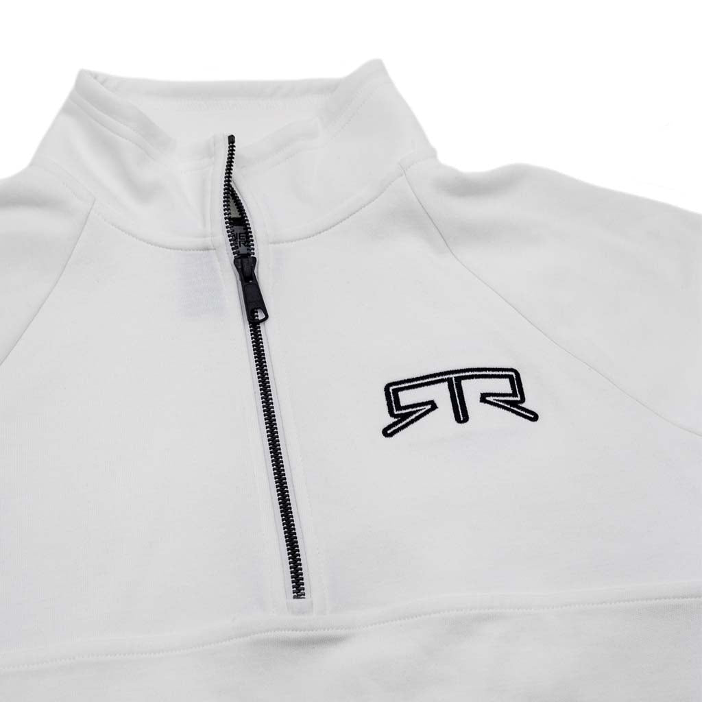 Women’s RTR Half Zip Pullover featuring a black embroidered RTR logo, Metaluxe zipper, and front pouch pocket, tailored for comfort and style.