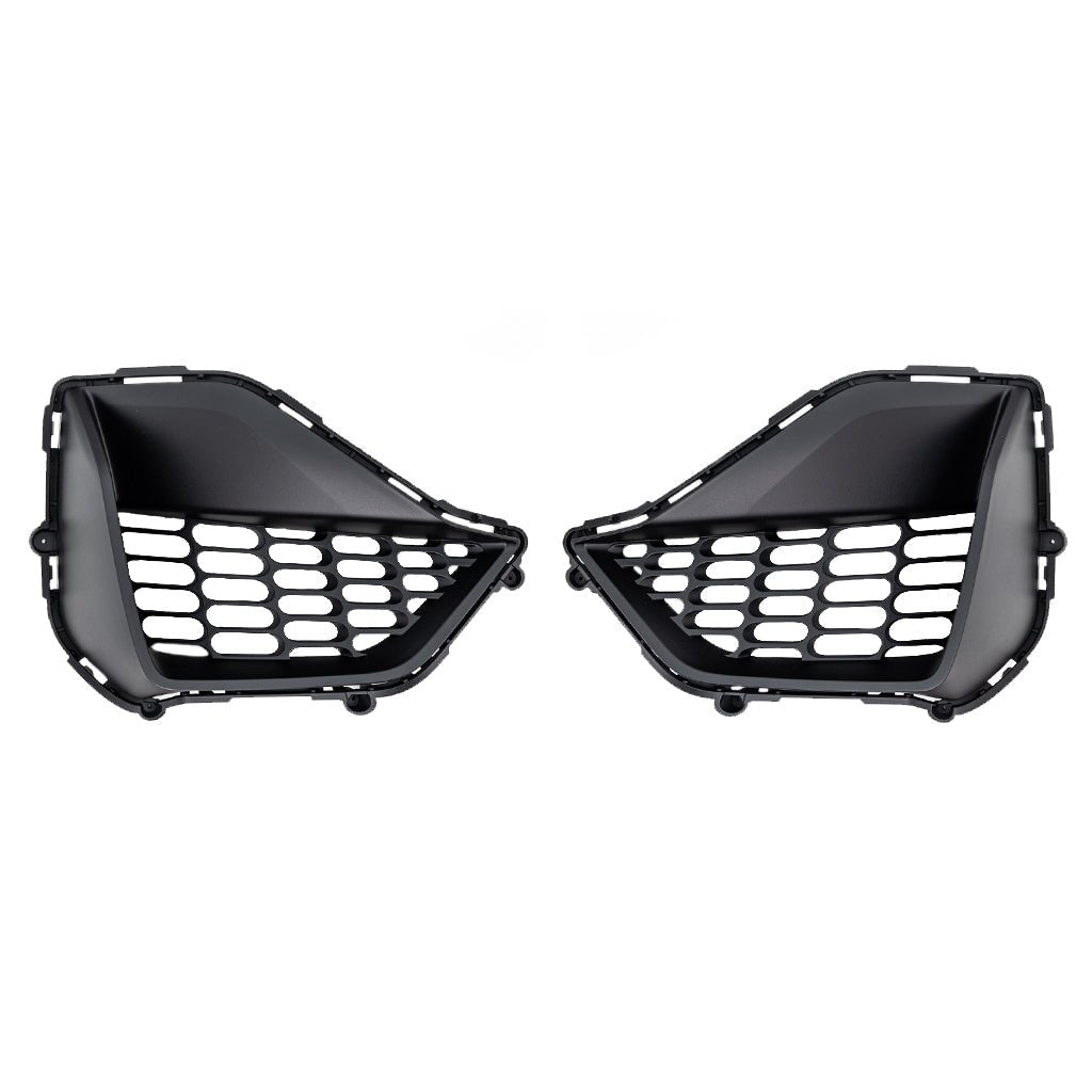 Black RTR Corner Grilles for 24+ Mustang GT, showcasing signature Pill Pattern design. Made of durable ASA plastic, easy to install without cutting. Complements OEM cooling shrouds. Elevate your Ford Mustang's style!