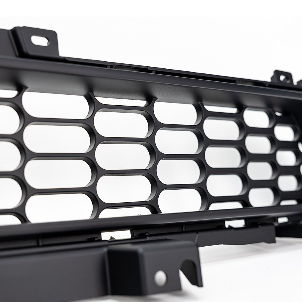 Close-up of RTR Lower Grille for 2024+ Mustang GT, showcasing signature Pill Pattern design for enhanced airflow and aggressive front-end look. Crafted from durable ASA plastic for precision fit and durability.