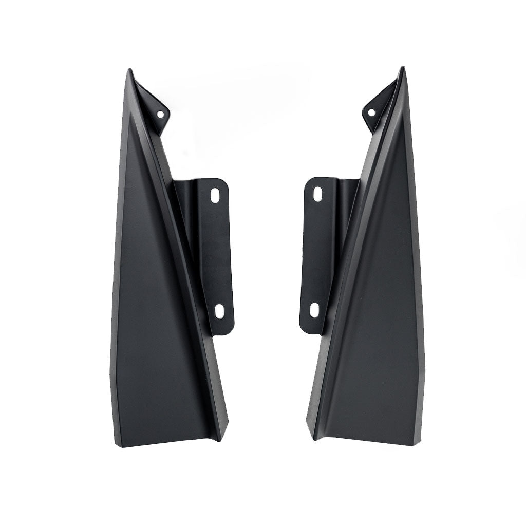 Close-up of RTR Rear Quarter Splitters for 24+ Mustang: black ASA plastic and plate with holes. Durable injection-molded ASA plastic, easy installation. Ideal for Ford® Mustang EcoBoost, GT.