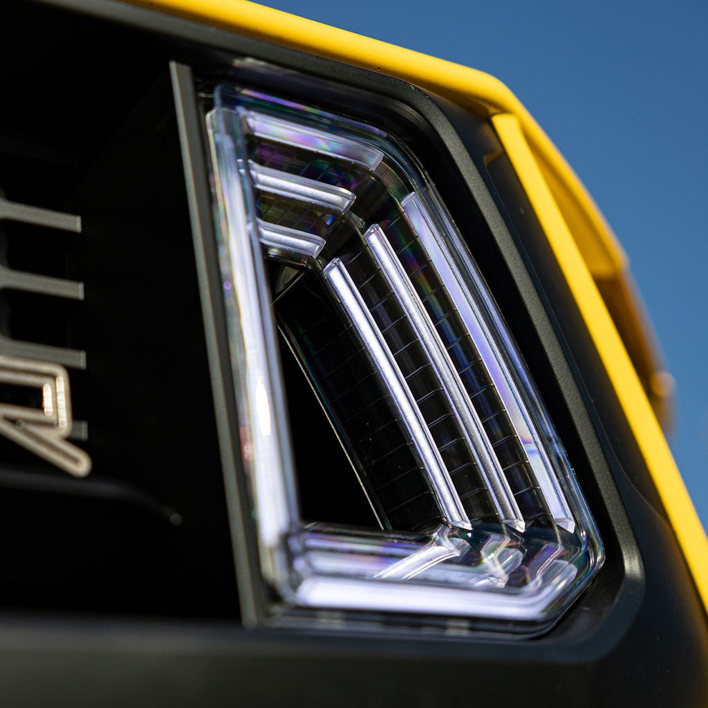 Detailed view of RTR Upper Grille w/ LED Air Intakes for 24+ Mustang, featuring intricate design with integrated LED accent lights and OEM CAD fitment.