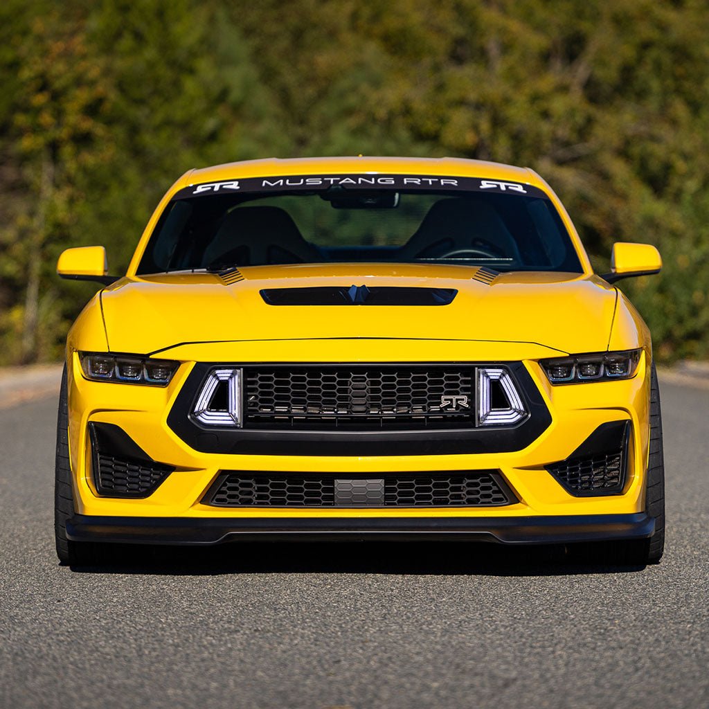 Front view of RTR Upper Grille w/ LED Air Intakes for 2024+ Mustang, featuring innovative LED lighting system integrated into sleek, durable design.