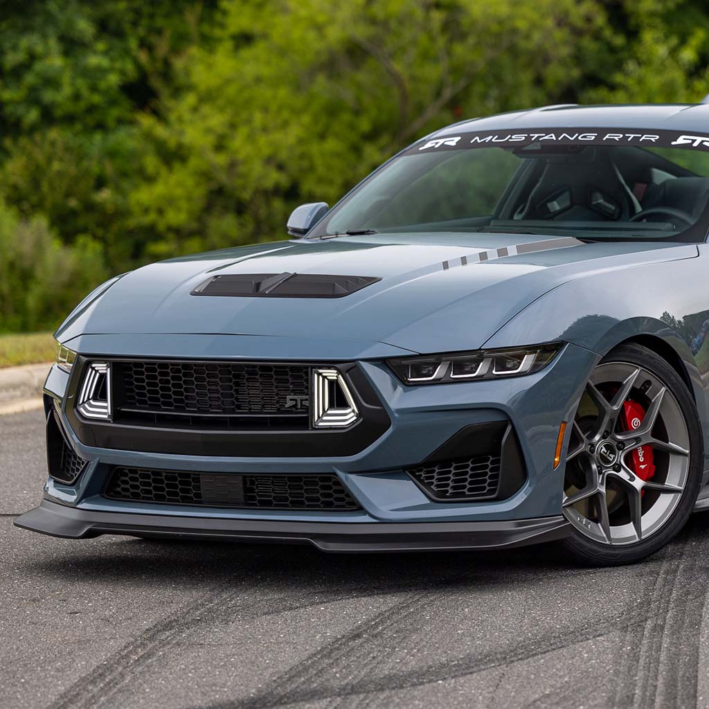 2024+ Mustang RTR upper grille and lower grille installed on a 2024 Vapor Blue Mustang 