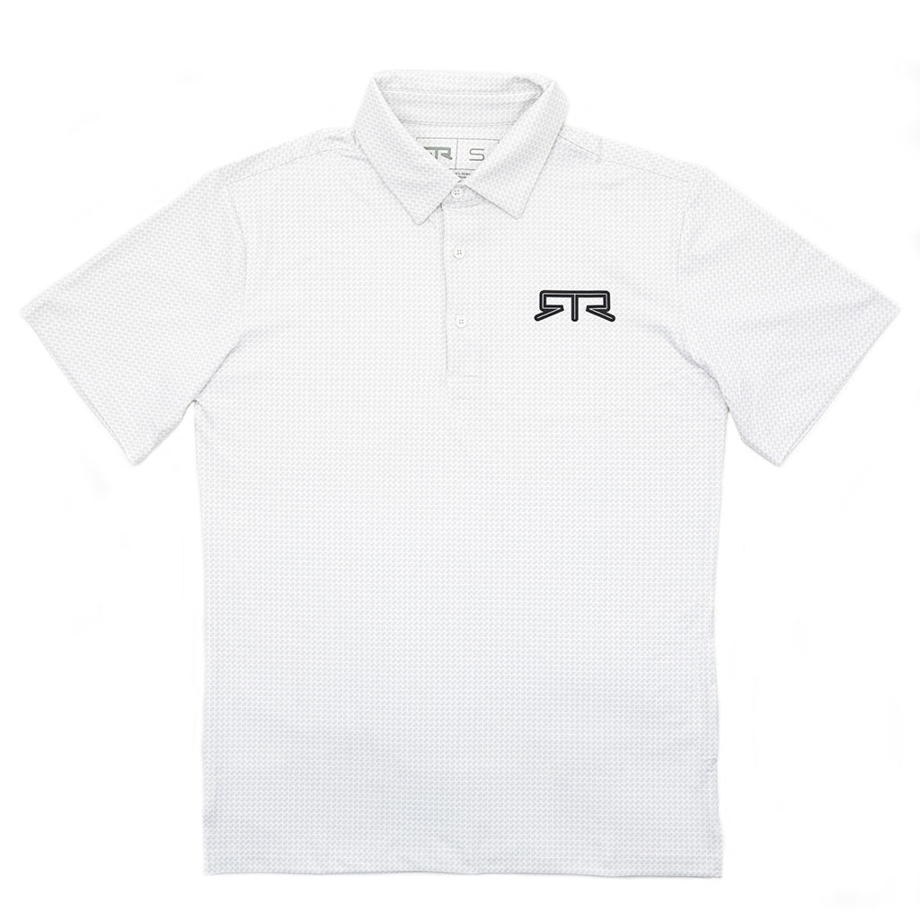 A white RTR Piston Polo shirt with black logo, made from lightweight performance fabric for automotive enthusiasts.
