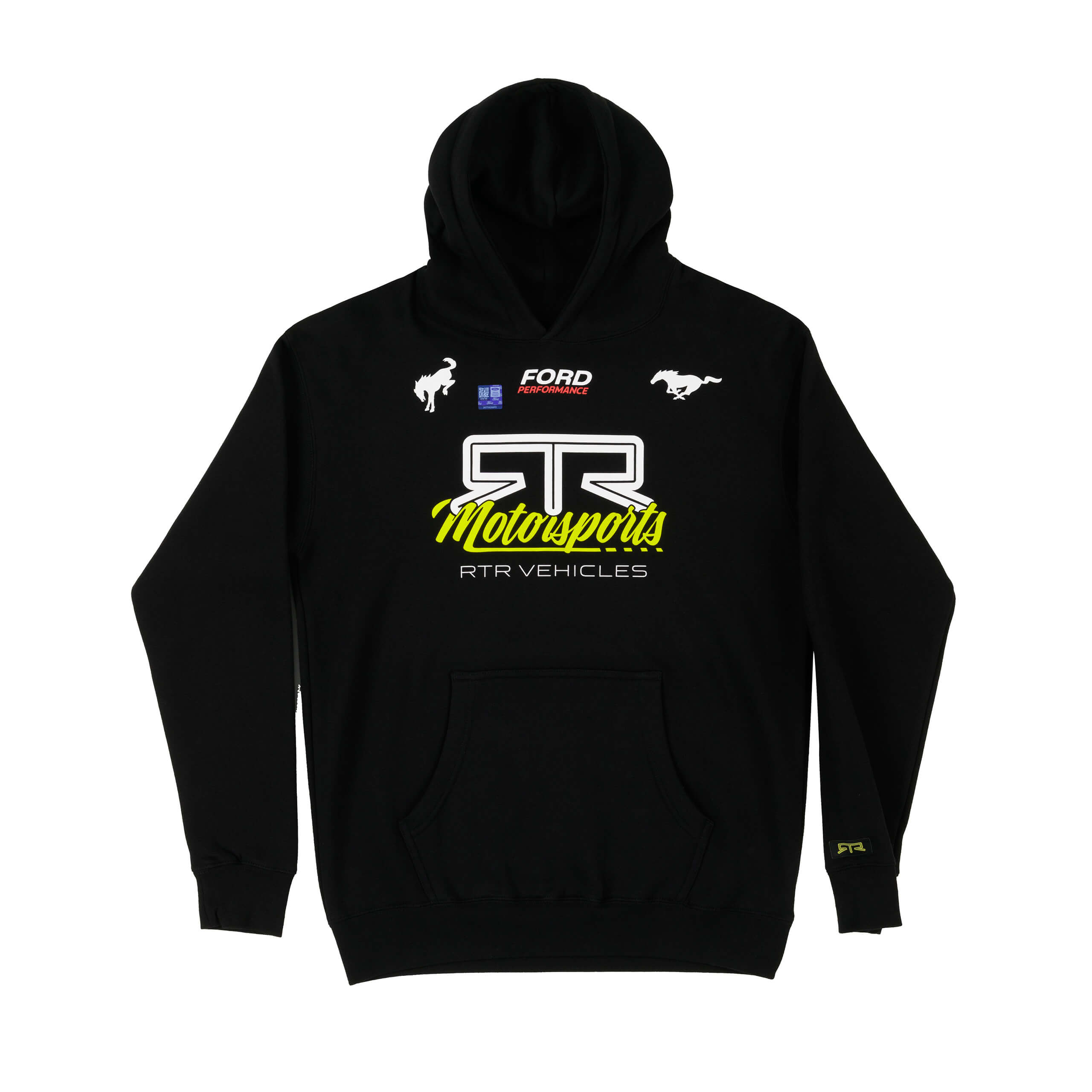 RTR Motorsports Hoodie with bold RTR branding, Ford Performance, and Mustang graphics; heavyweight fleece with a double-lined hood and kangaroo pocket.
