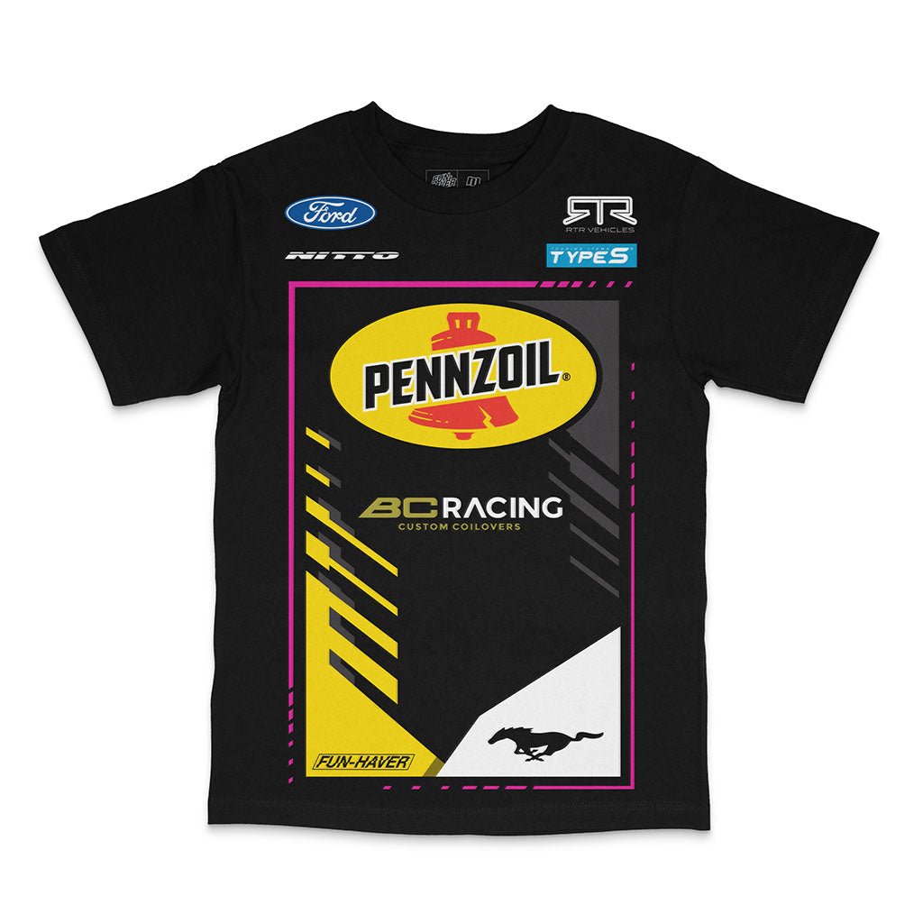 2024 Ben Hobson Official RTR Drift Team Shirt featuring a black shirt with a unique design, inspired by Ben's 2024 Mustang RTR Spec 5-FD.
