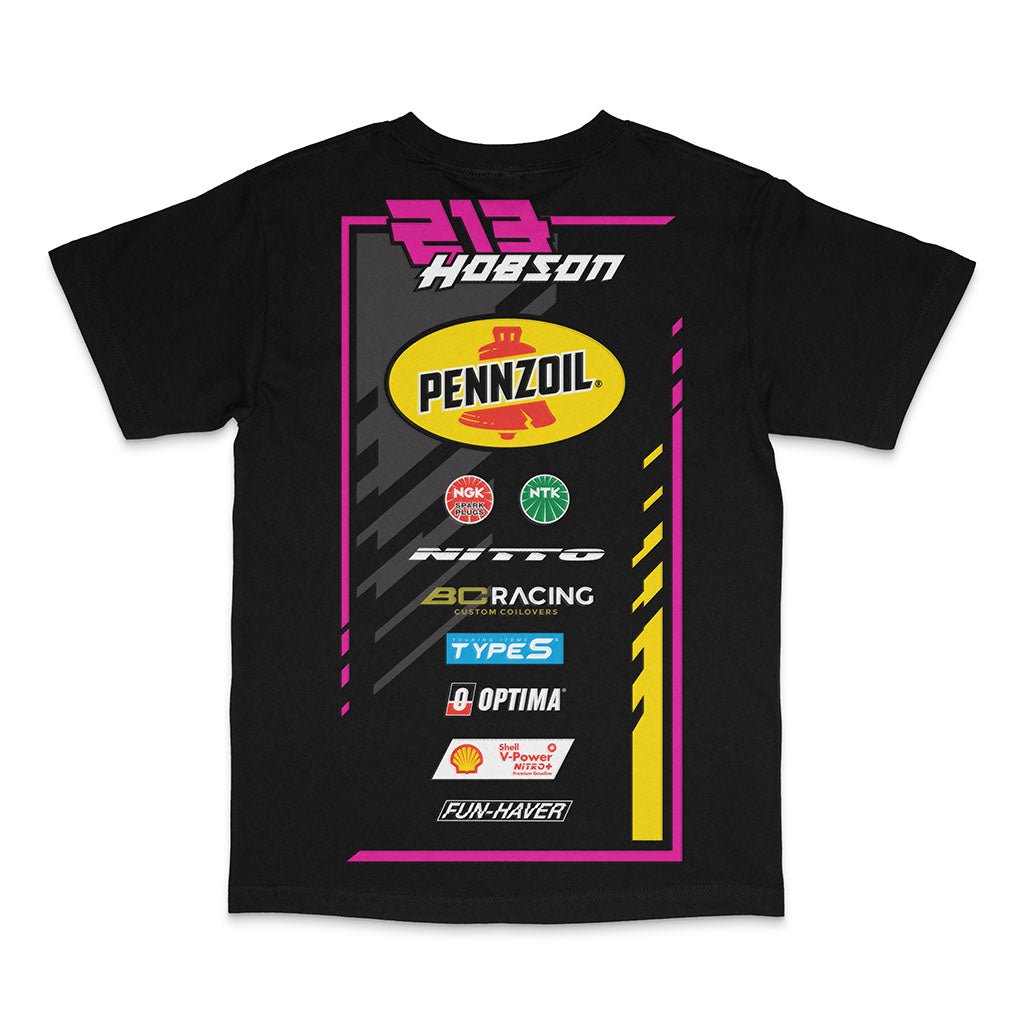 2024 Ben Hobson Official RTR Drift Team Shirt featuring vibrant text, inspired by Ben's 2024 Mustang RTR Spec 5-FD. Limited-edition tee celebrating Ben's debut season as a Formula Drift Pro driver.