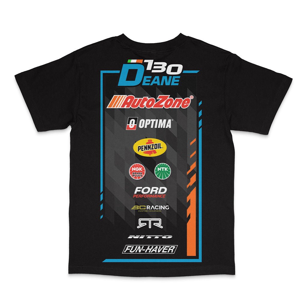 Black shirt featuring RTR Drift Team partner logis, worn by James Deane of RTR Drift Team. Official team apparel for drifting and RTR enthusiasts.