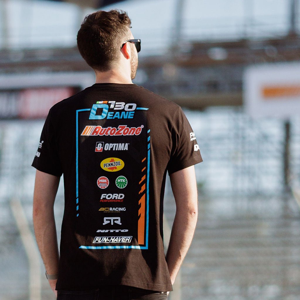 James Deane in the 2024 James Deane Official RTR Drift Team Shirt inspired by James Deane's Mustang RTR Spec 5-FD.
