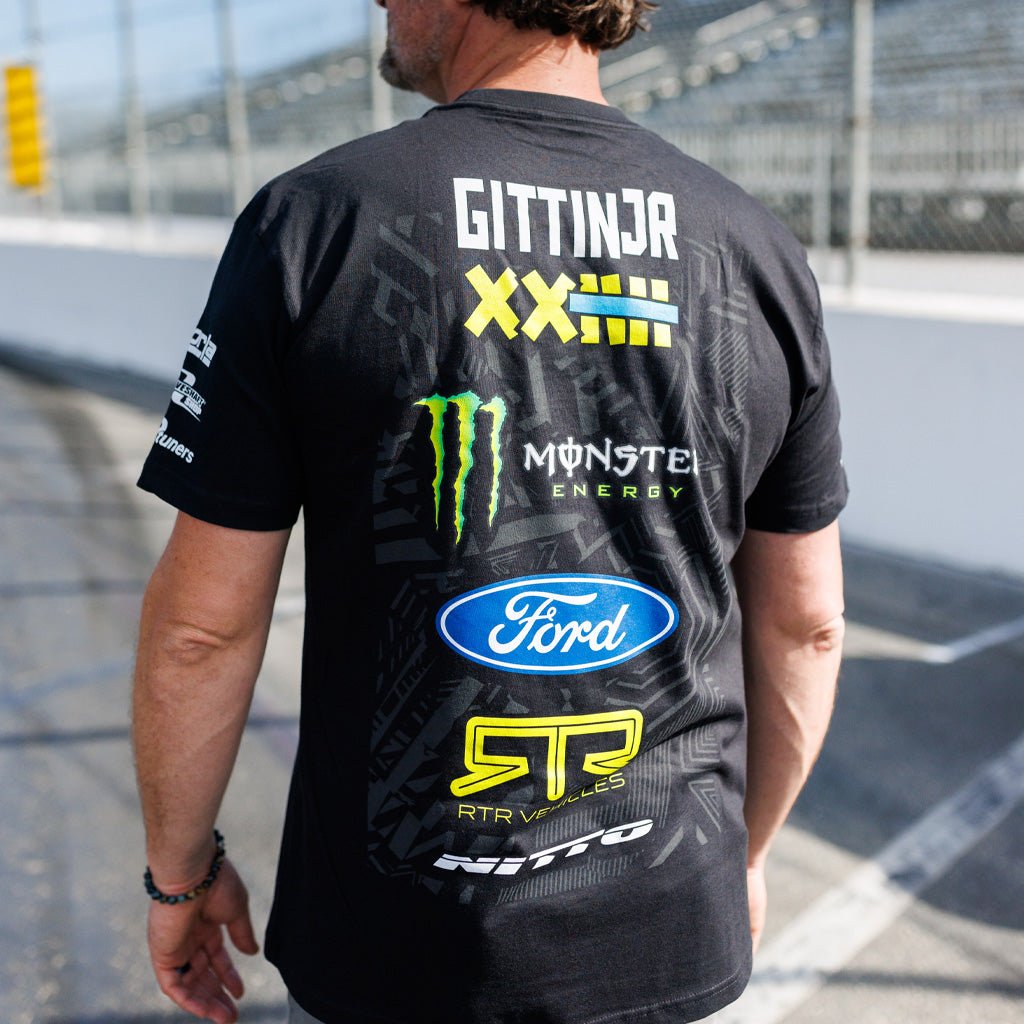 Man wearing the 2025 Vaughn Gittin Jr. RTR Vehicles Drift Team Shirt, featuring the RTR Drift Team's partner logos