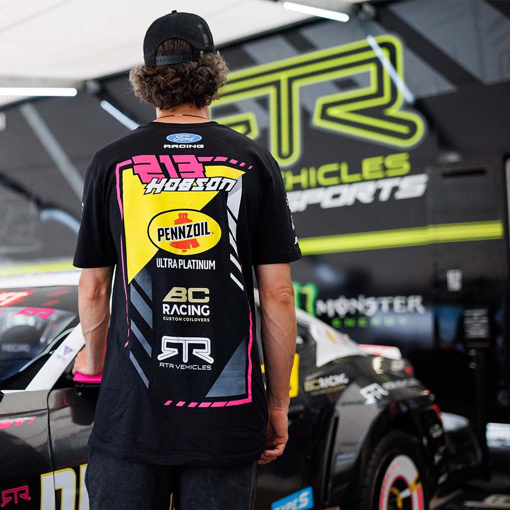 Back view of Ben Hobson wearing his 2026 RTR Drift Team Black T-Shirt.