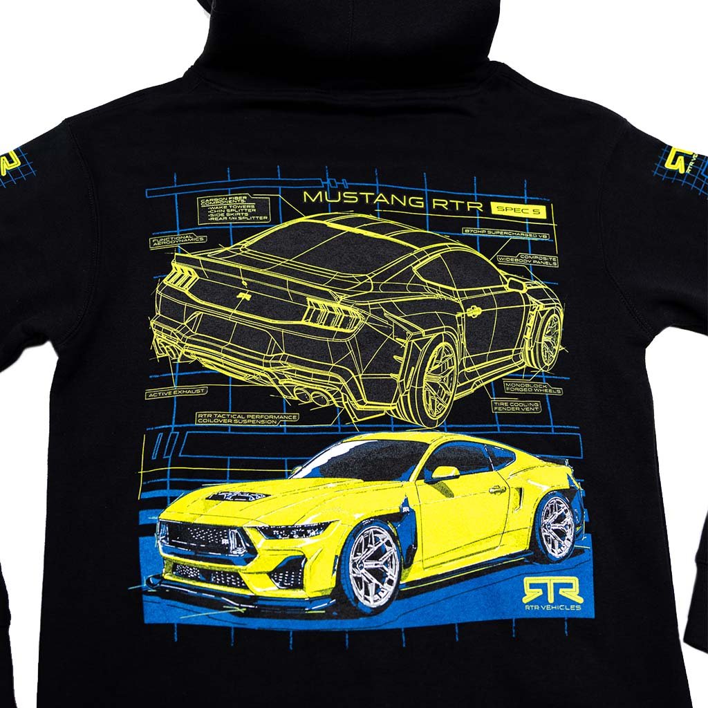 Black hoodie with hyper lime and blue Mustang RTR Spec 5 graphic design on a white background