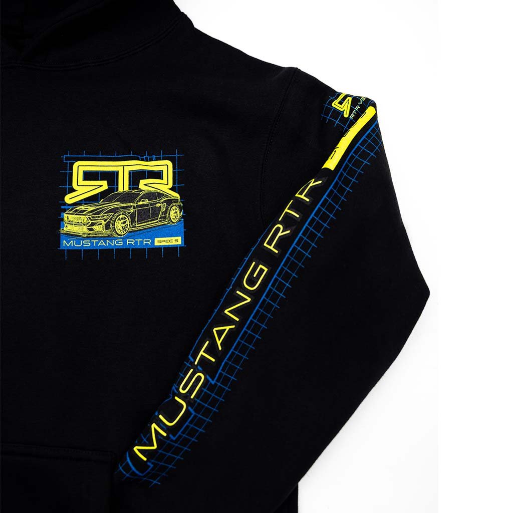Black sweatshirt with 'Mustang RTR Spec 5' pocket design on a white background