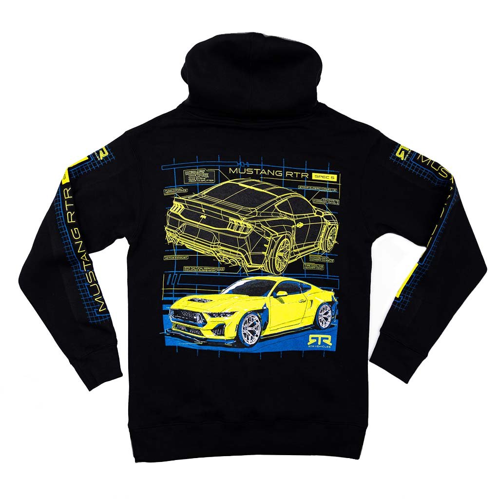 Black hoodie with hyper lime and blue Mustang RTR Spec 5 design on a white background