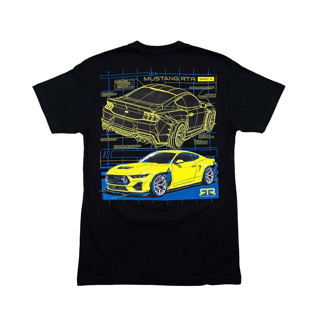 Black t-shirt with hyper lime and blue Mustang RTR Spec 5 design on a white background