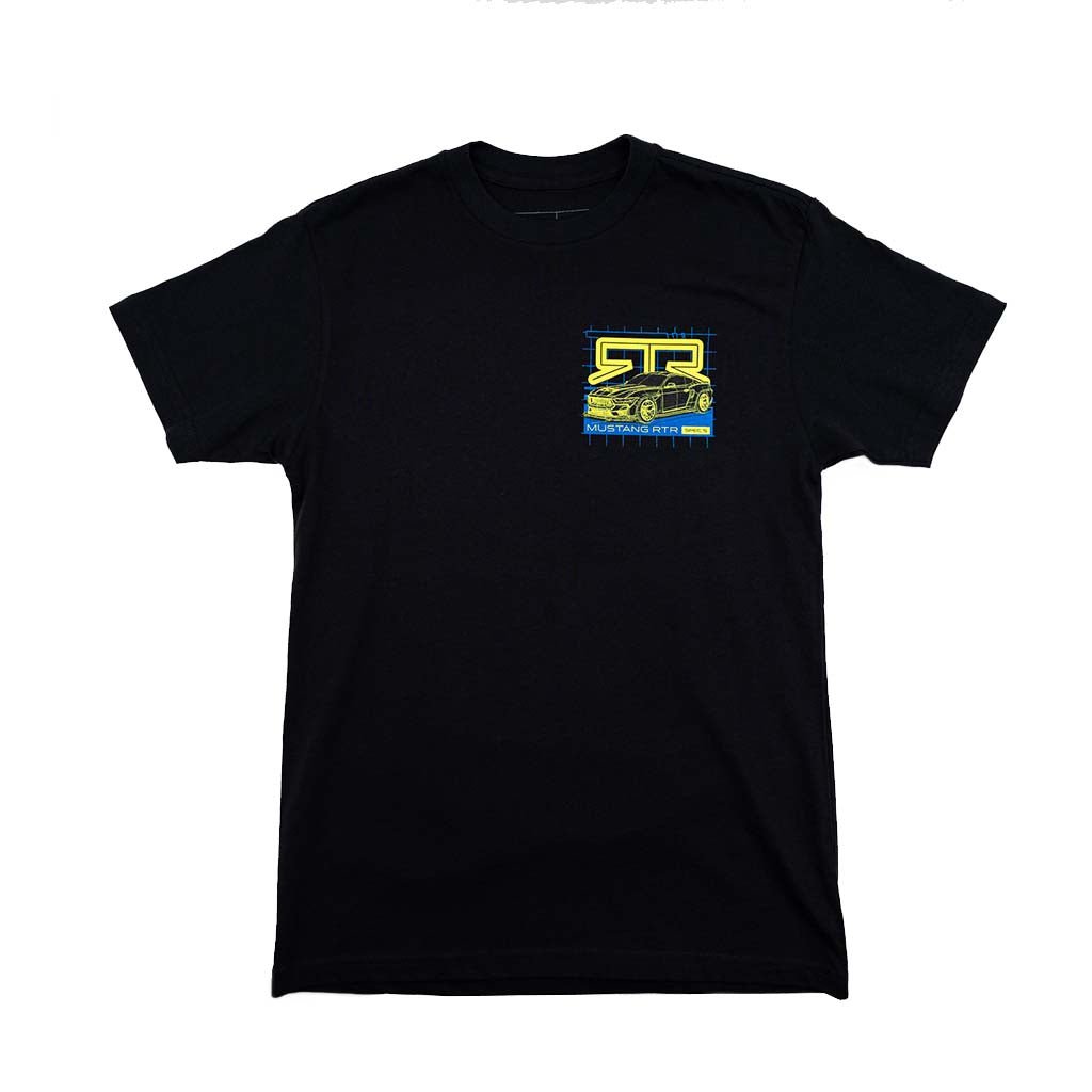 Black t-shirt with a graphic design of the Mustang RTR Spec 5 on a white background