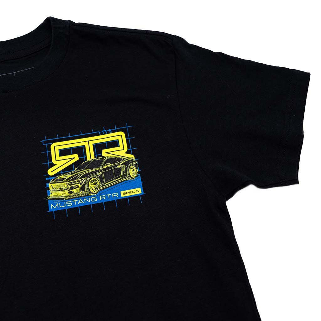 Black t-shirt with hyper lime and blue Mustang RTR Spec 5 chest design on a white background