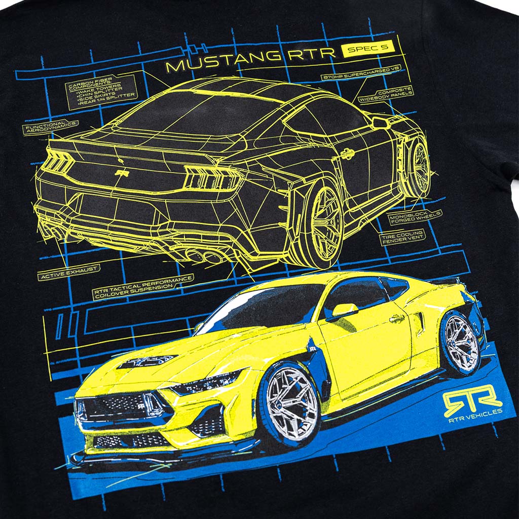 Up close view of Black t-shirt with hyper lime and blue Mustang RTR Spec 5 back design
