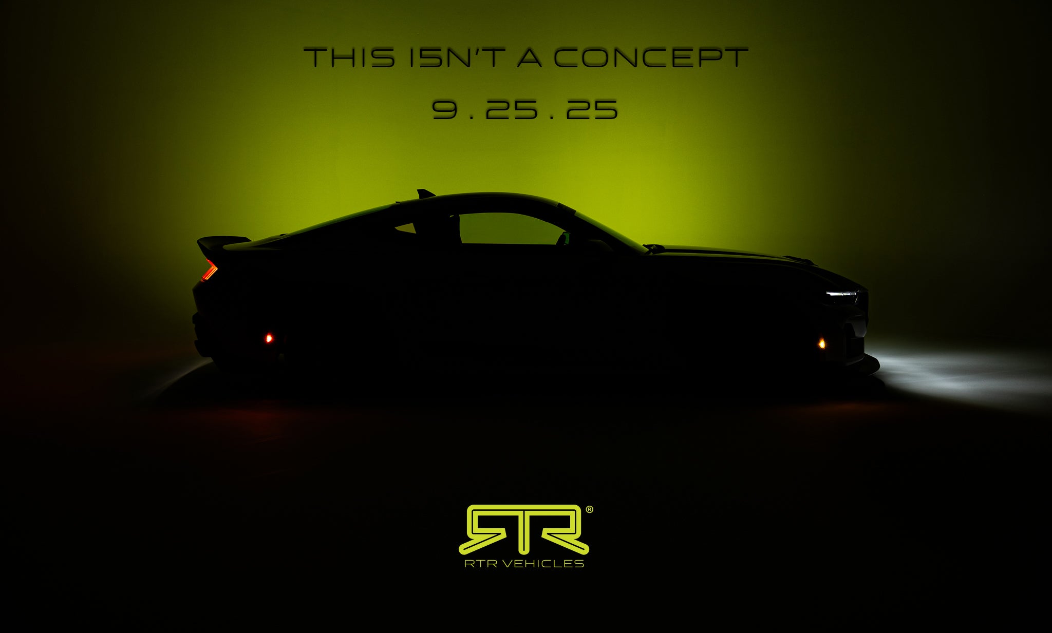 Silhouette of a car with text 'This isn't a concept' and '9.25.25' on a dark background, featuring the RTR Vehicles logo.