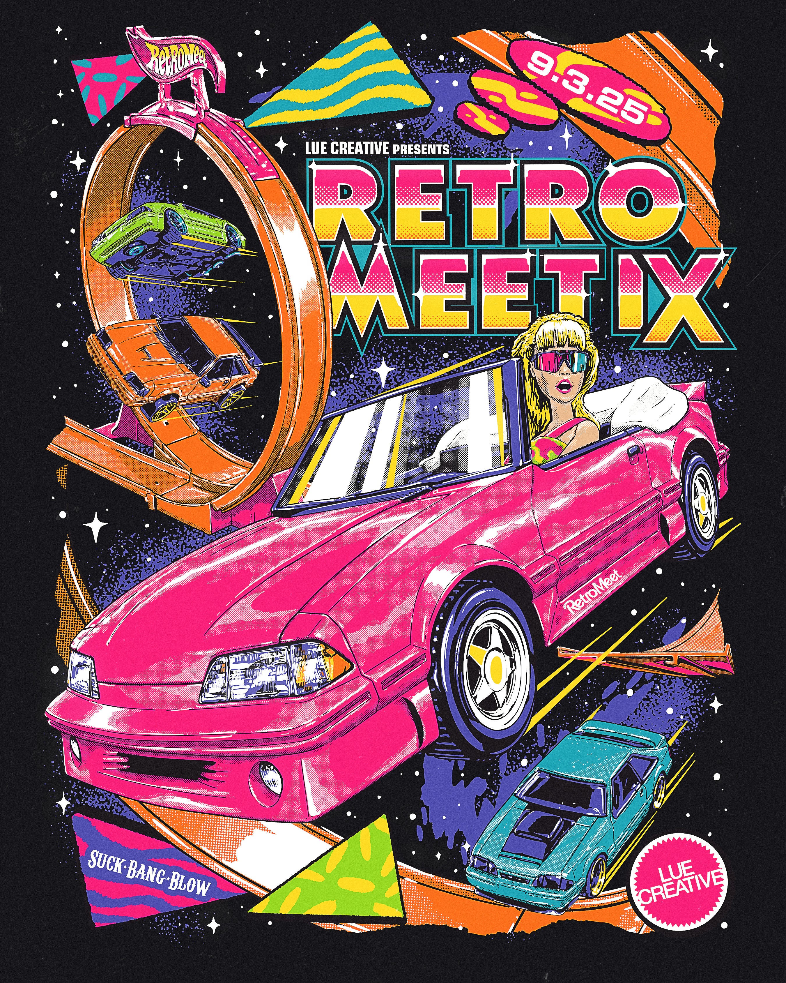 Vintage-style Retro Meet poster with a pink car, woman, and colorful text on a black background