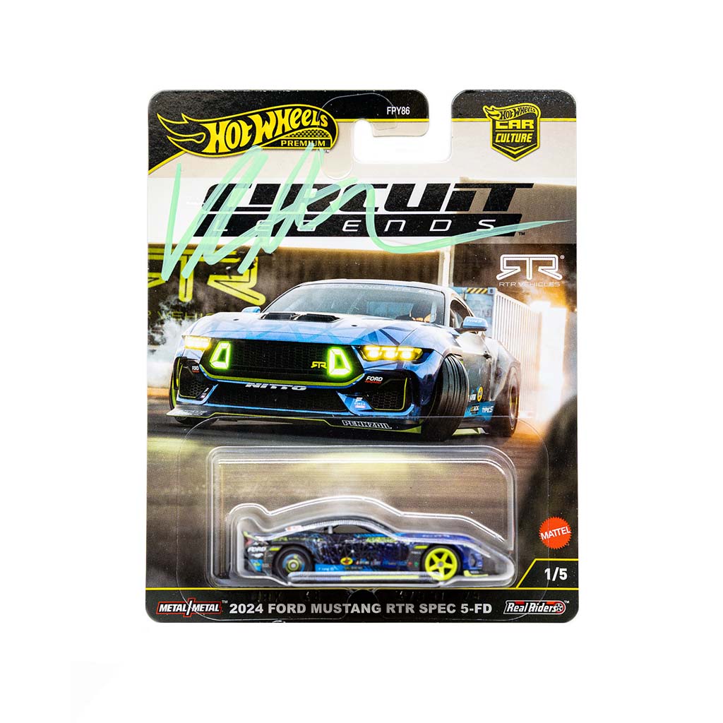 Autographed Hot Wheels 2024 Ford Mustang RTR SPEC 5-FD in original packaging on a white background