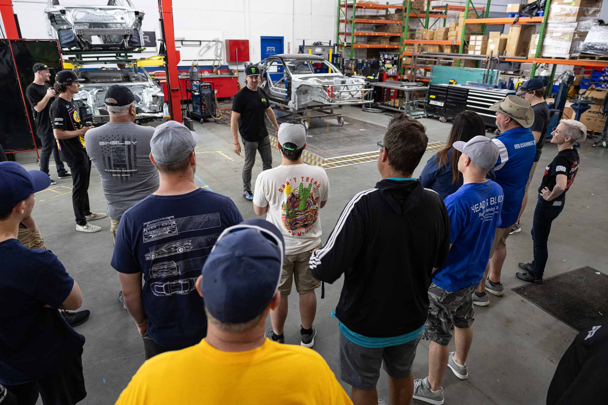 Vaugh Gittin Jr gives a tour of the RTR Lab before the Mustang 60th anniversary celebration