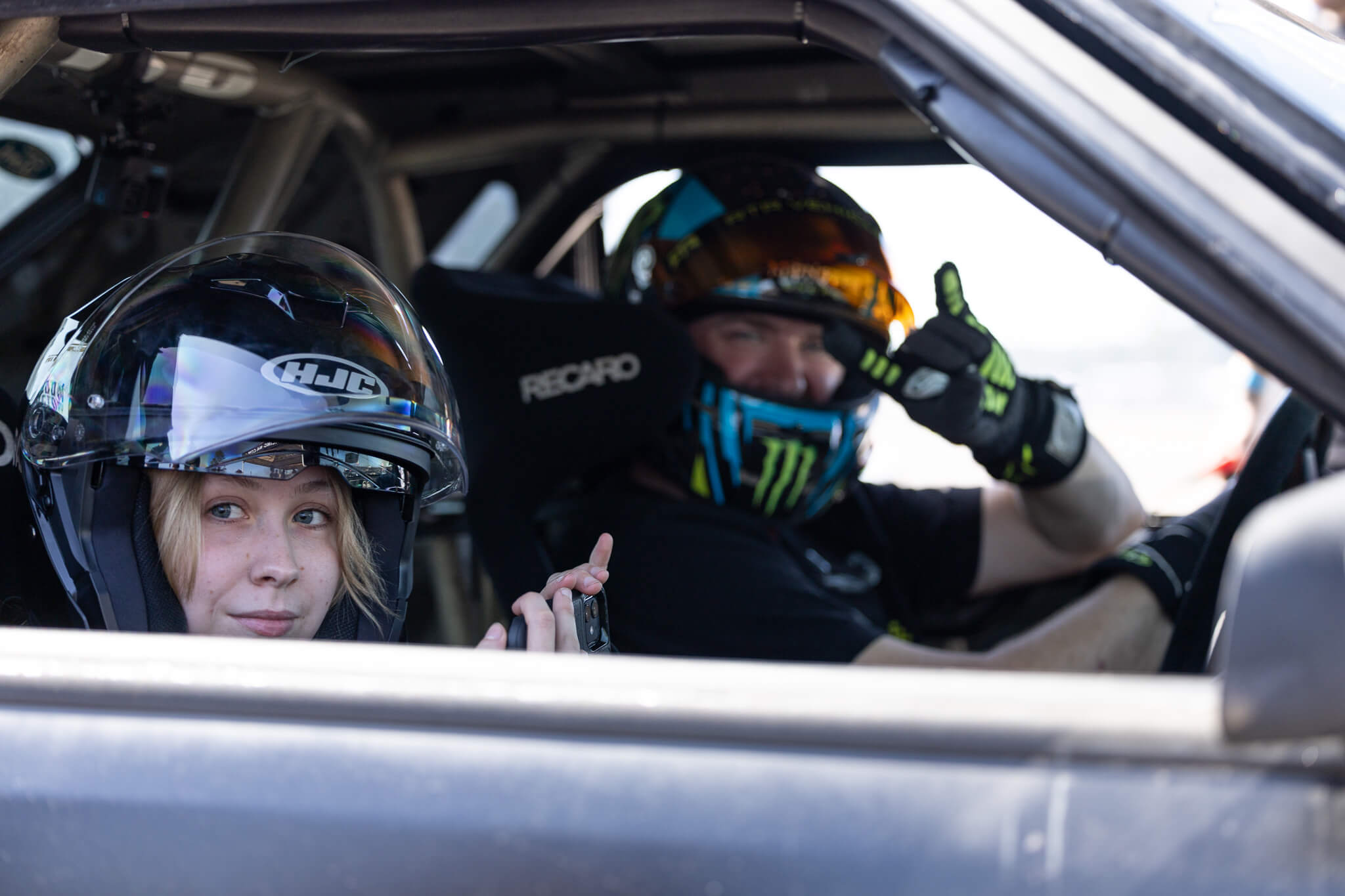 Vaughn Gittin Jr gets ready for a ridealong in the Fun Haver Foxbody