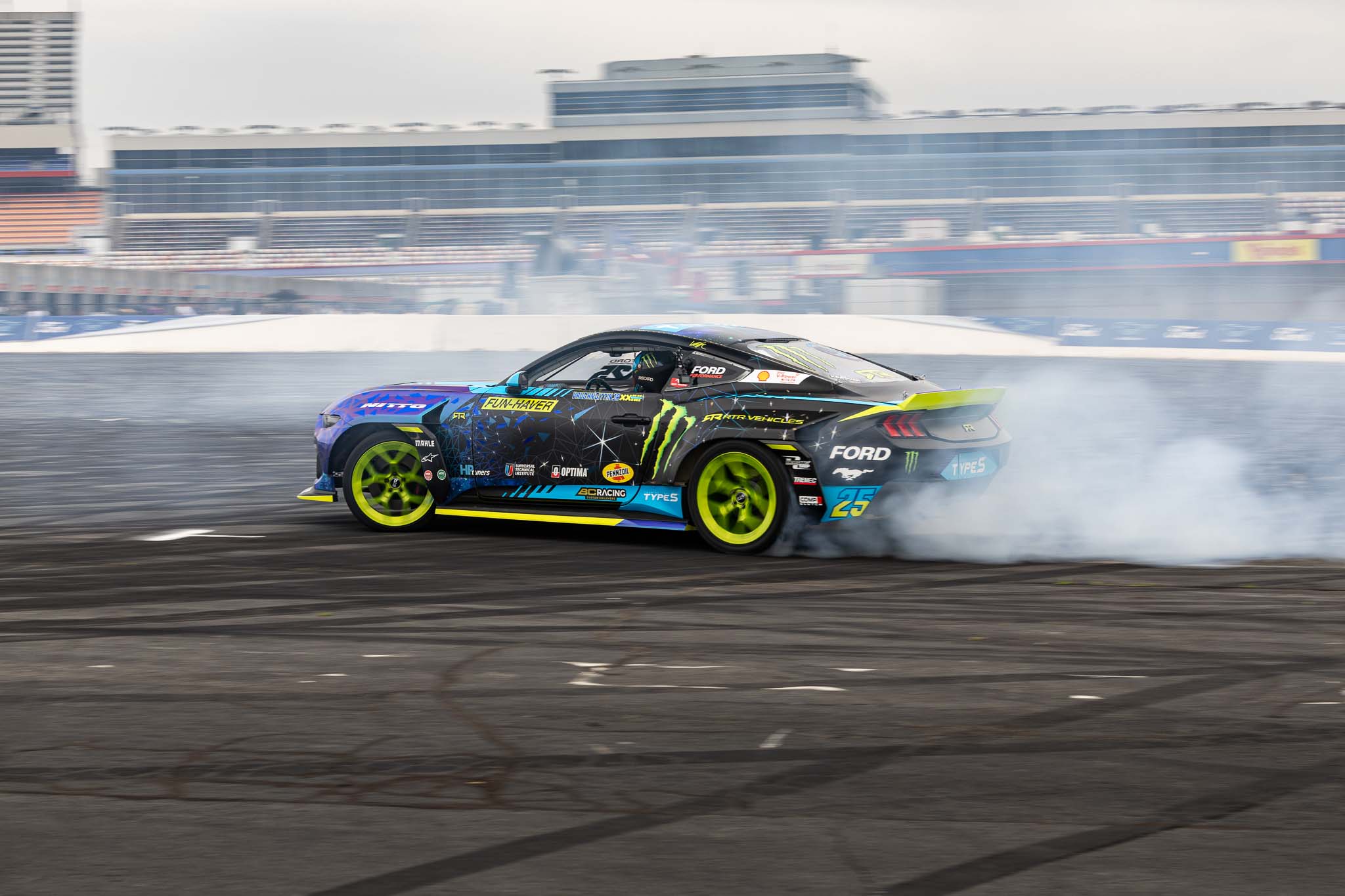 Vaughn Gittin Jr drifts his Mustang RTR Spec 5-D in it's new 2024 livery