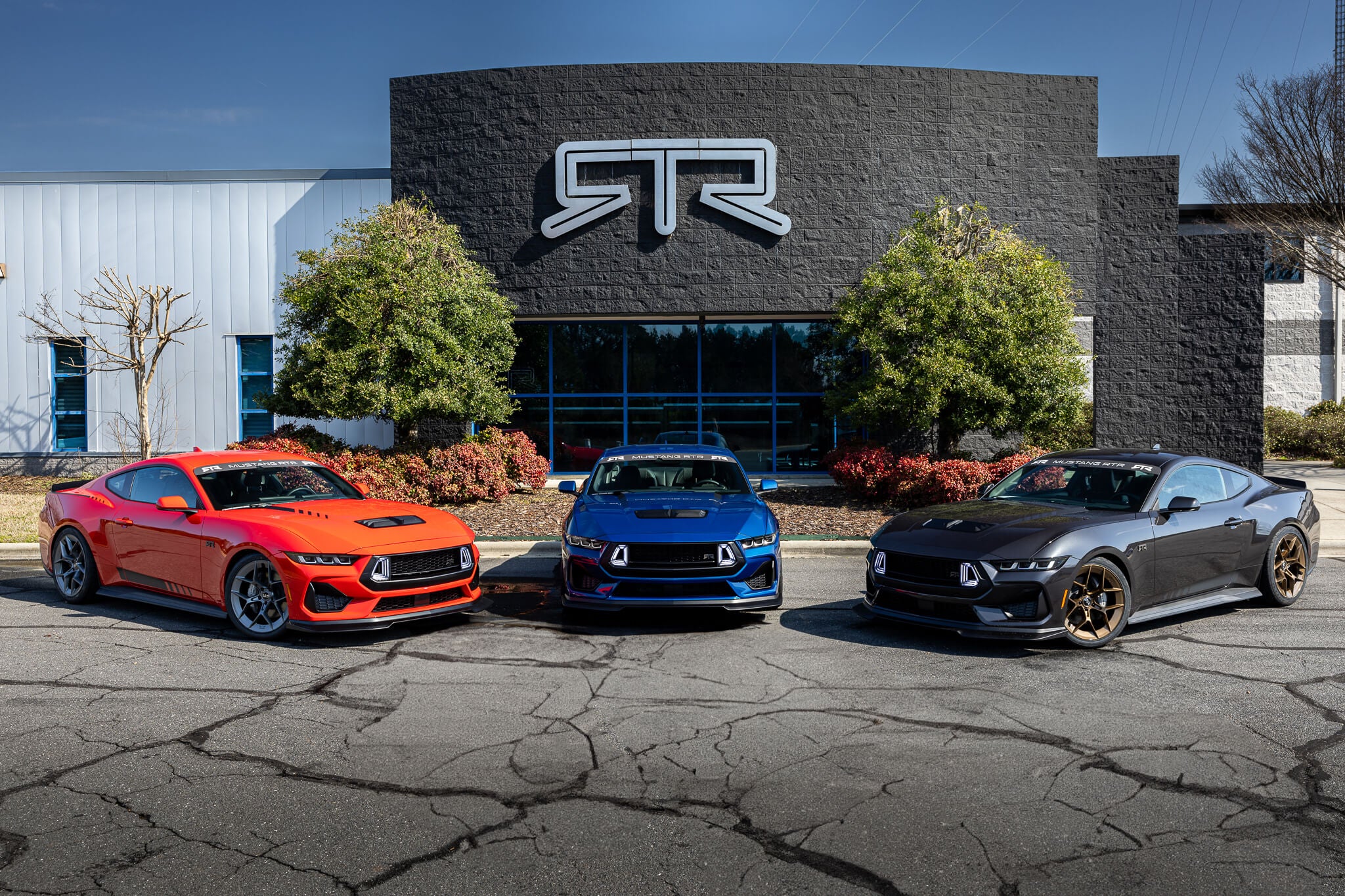 3 Mustang RTR's parked in front of the RTR Lab in Concord, NC.