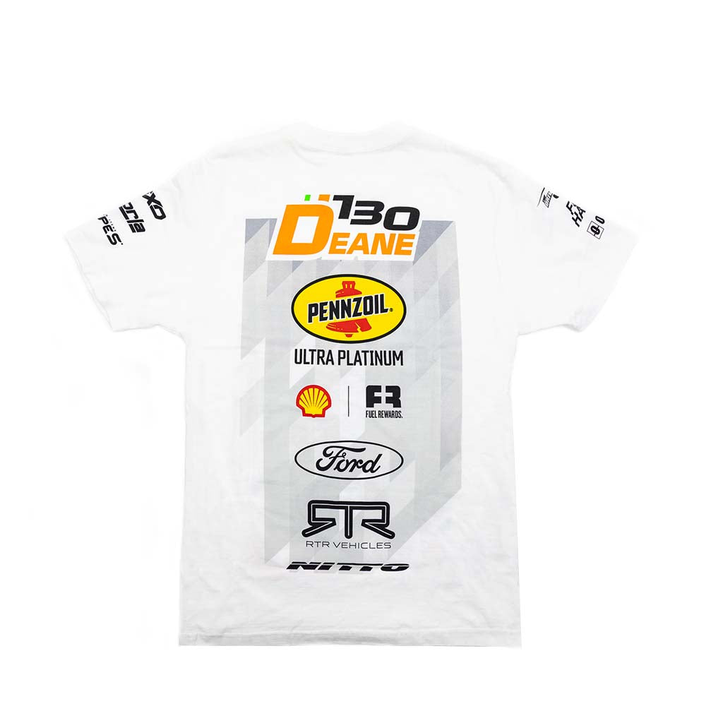 White t-shirt with various brand logos on a white background