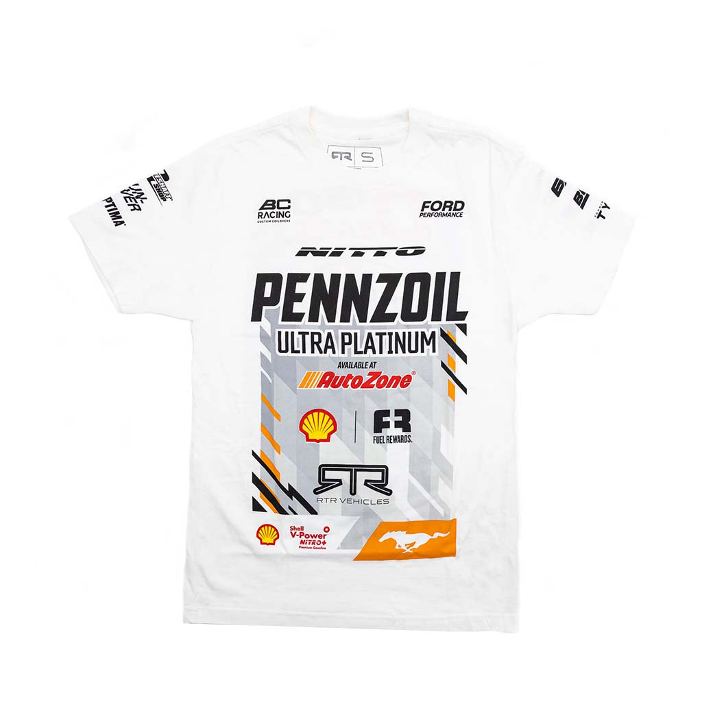 White James Deane Team Gear t-shirt with racing sponsor logos on a white background