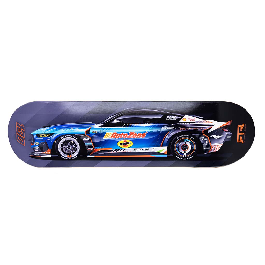 RTR Drift Team Skate Deck featuring a race car image, showcasing the 2025 Mustang RTR Spec 5-FD design, crafted from 7-ply Canadian maple.