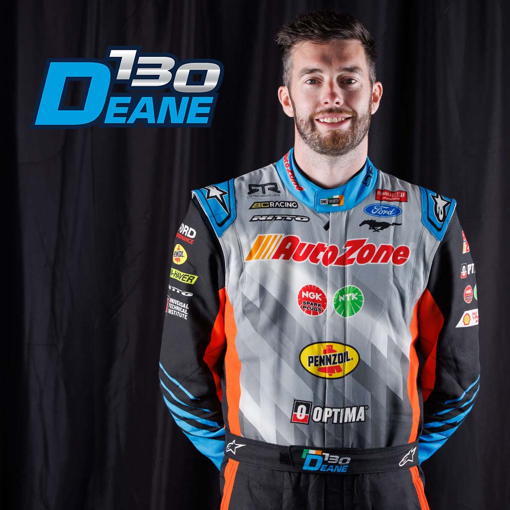 James Deane in his RTR Drift Team livery race suit with black, orange and grey accents
