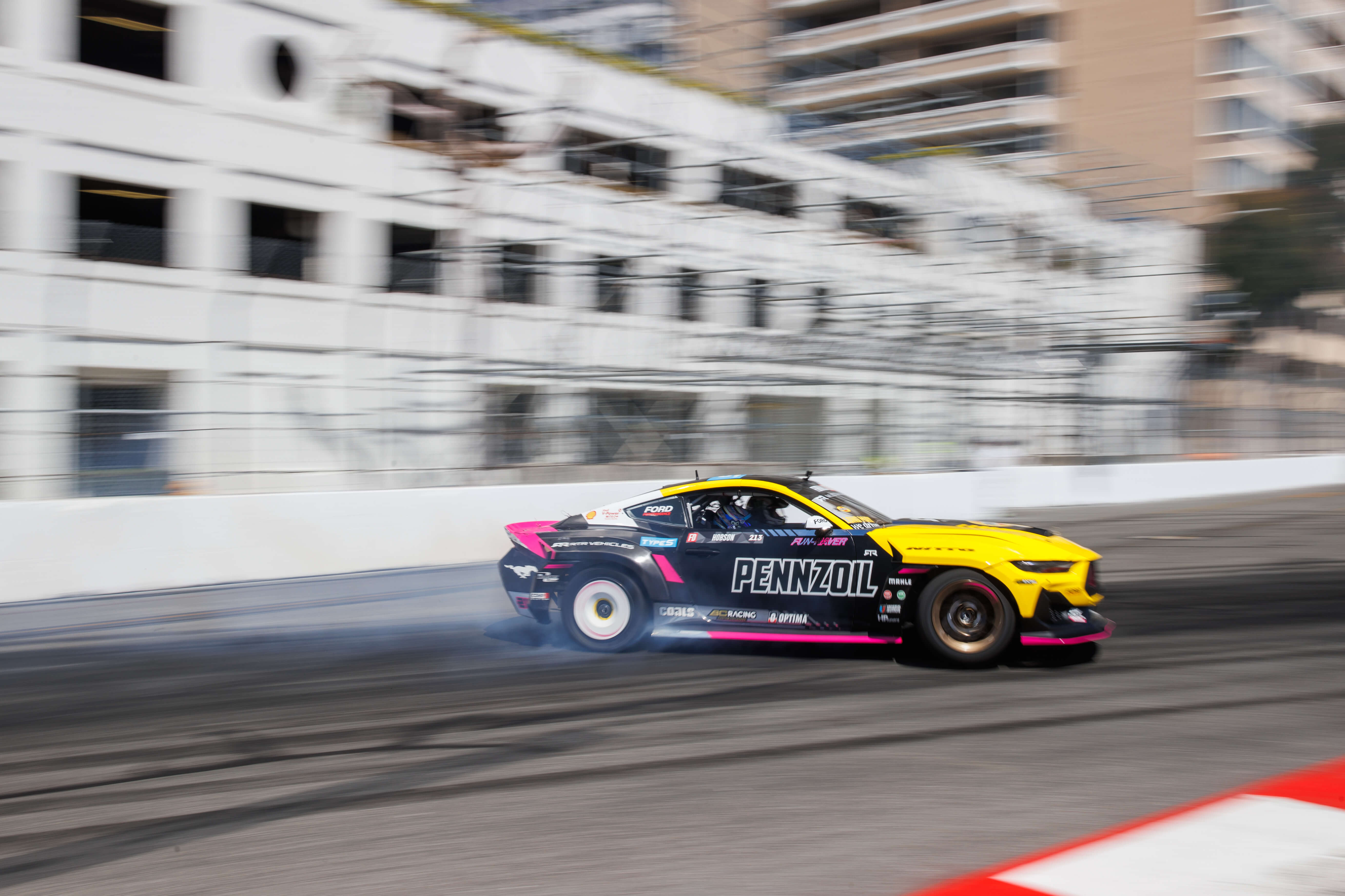 Ben Hobson drifts his 2024 Mustang RTr Spec 5-FD on the streets of Long Beach