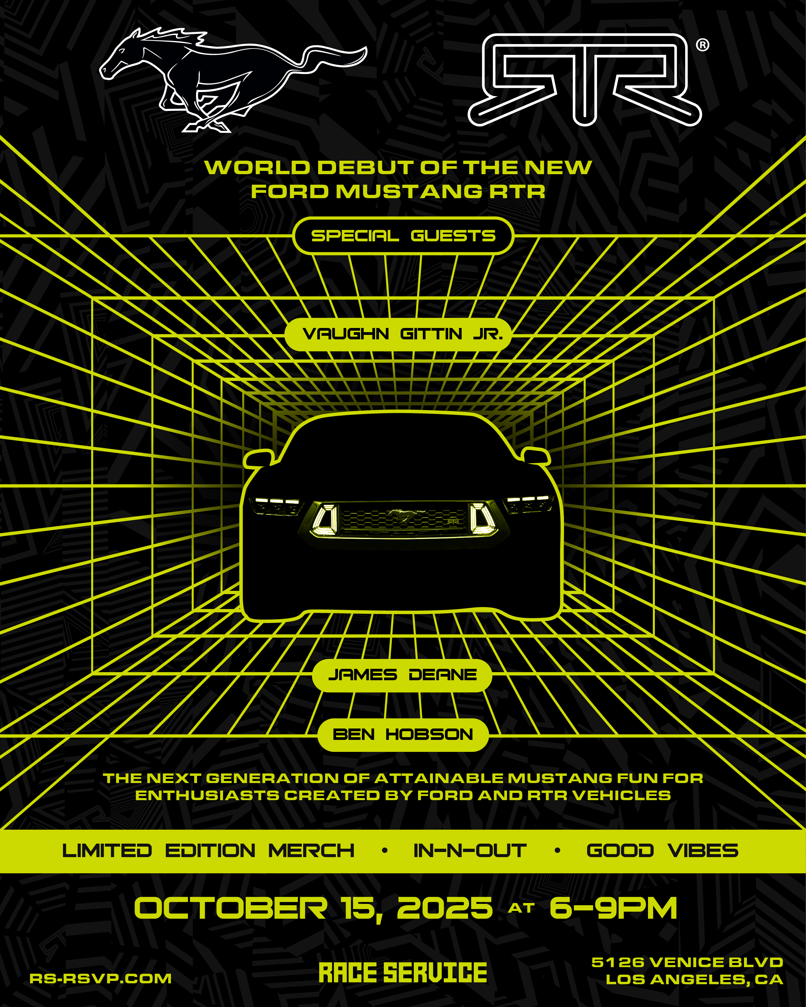 Promotional poster for the world debut of the new Ford Mustang RTR with event details.