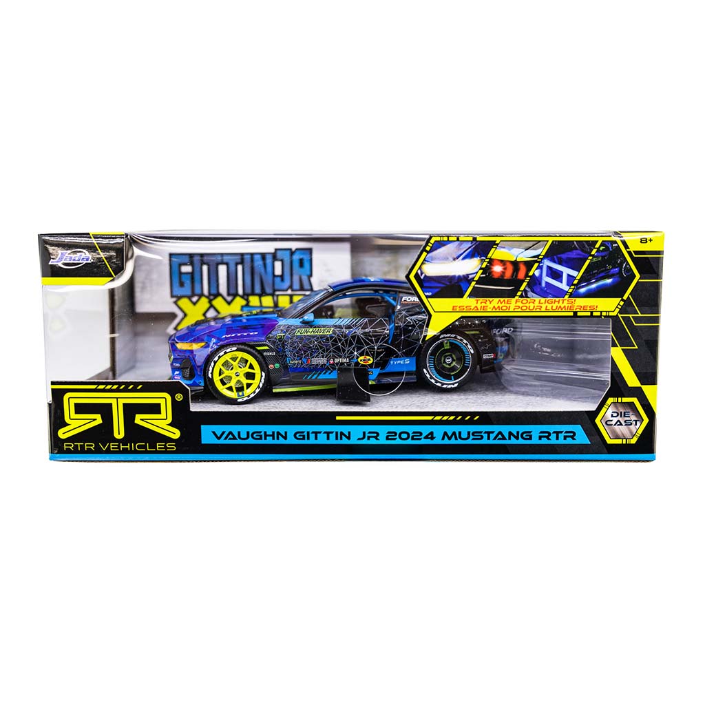 Vaughn Gittin Jr's 2024 Ford Mustang RTR Spec 5-FD Diecast Model in box, showcasing detailed design, real rubber tires, and opening components.