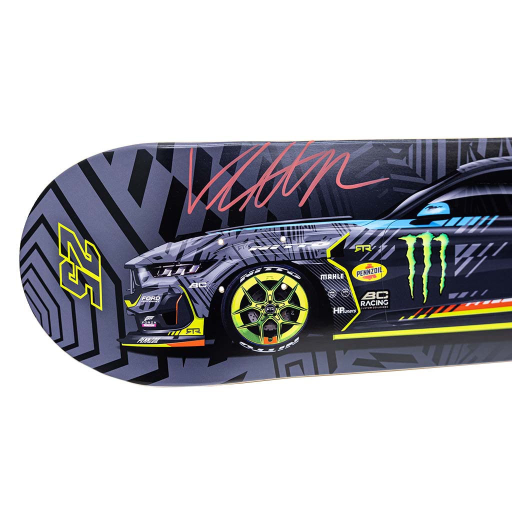 Autographed Vaughn Gittin Jr. 2025 Formula Drift Livery Skate Board featuring a race car graphic and RTR logo, crafted from 7-ply Canadian maple.