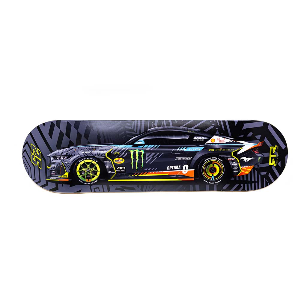 RTR Drift Team Skate Deck featuring a race car graphic, highlighting RTR Spec 5-FD machines and tire details, crafted from durable 7-ply Canadian maple.