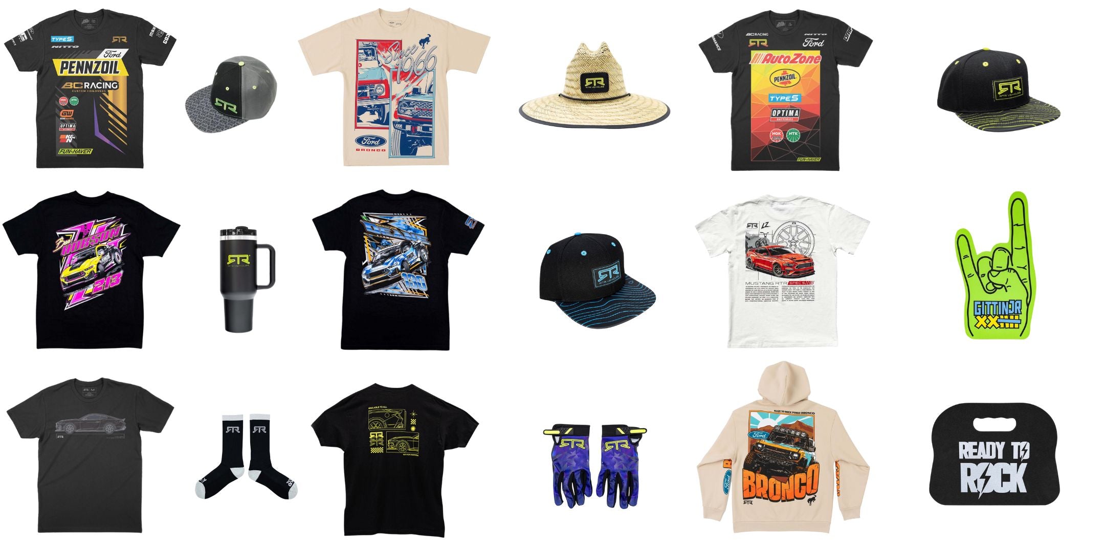 Collection of various merchandise including t-shirts, hats, and hoodies on a white background.