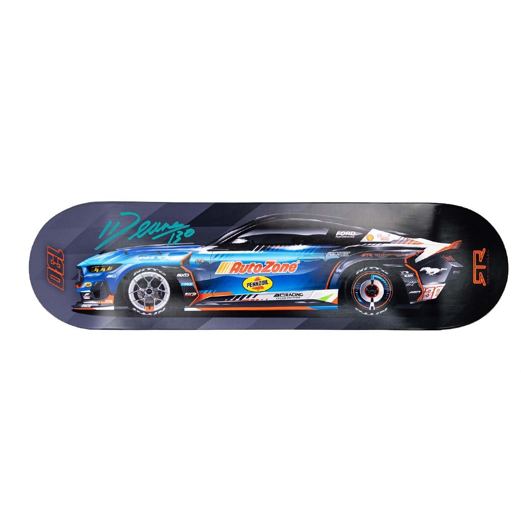 Autographed James Deane 2025 RTR Drift Team Livery Skate Board featuring a blue-and-black Mustang race car design with signature and race number.