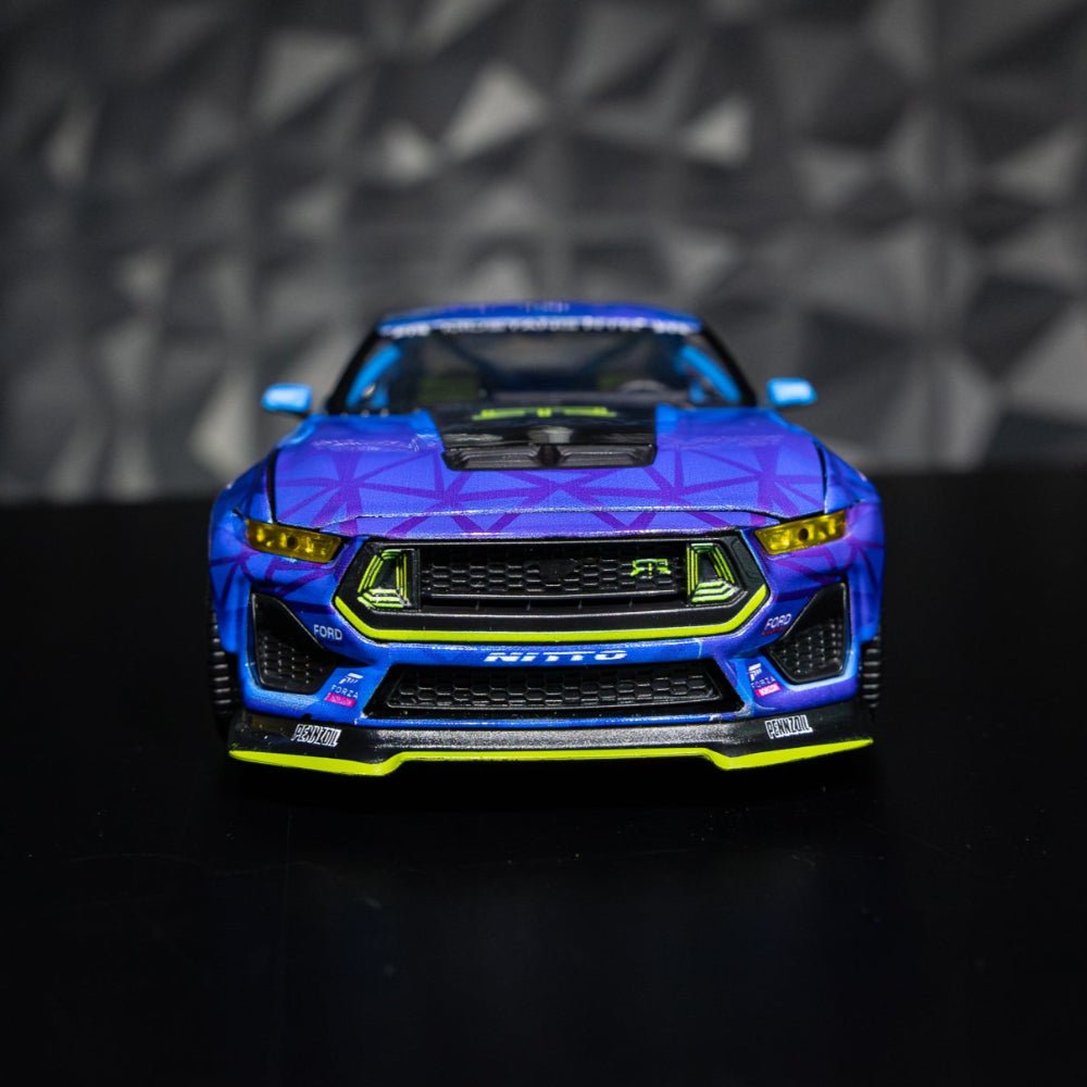 Vaughn Gittin Jr's 2024 Ford Mustang RTR Spec 5-FD Diecast Model, featuring detailed grille, rubber tires, and opening hood, with Vaughn's signature livery notes
