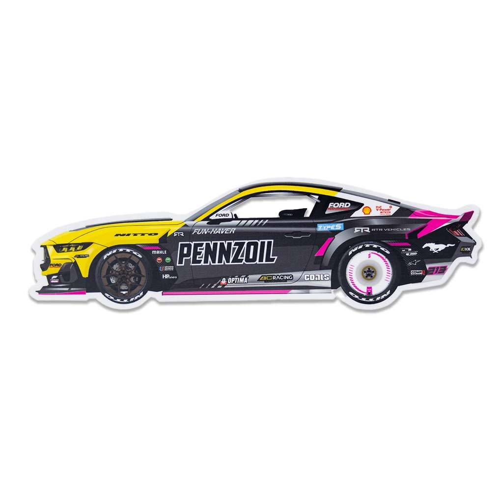 Ben Hobson Sticker Bomb Pack featuring a Mustang RTR Spec 5-FD car sticker, close-up of tires, and RTR logo stickers, perfect for personalizing your gear.