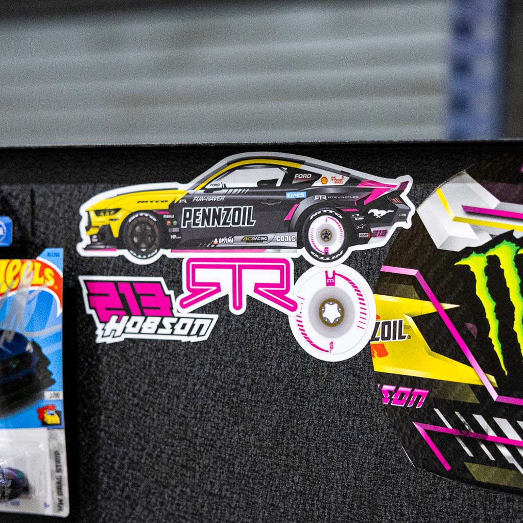 Ben Hobson Sticker Pack showing various RTR-themed stickers featuring Mustang RTR Spec 5-FD, Aero Disc, driver monograms, and RTR logos on a black surface.